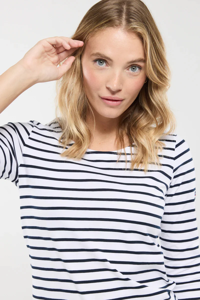 ARMOR LUX LADIES 3/4 SLEEVE T-SHIRT - WHITE/ RICH NAVY - Image 5