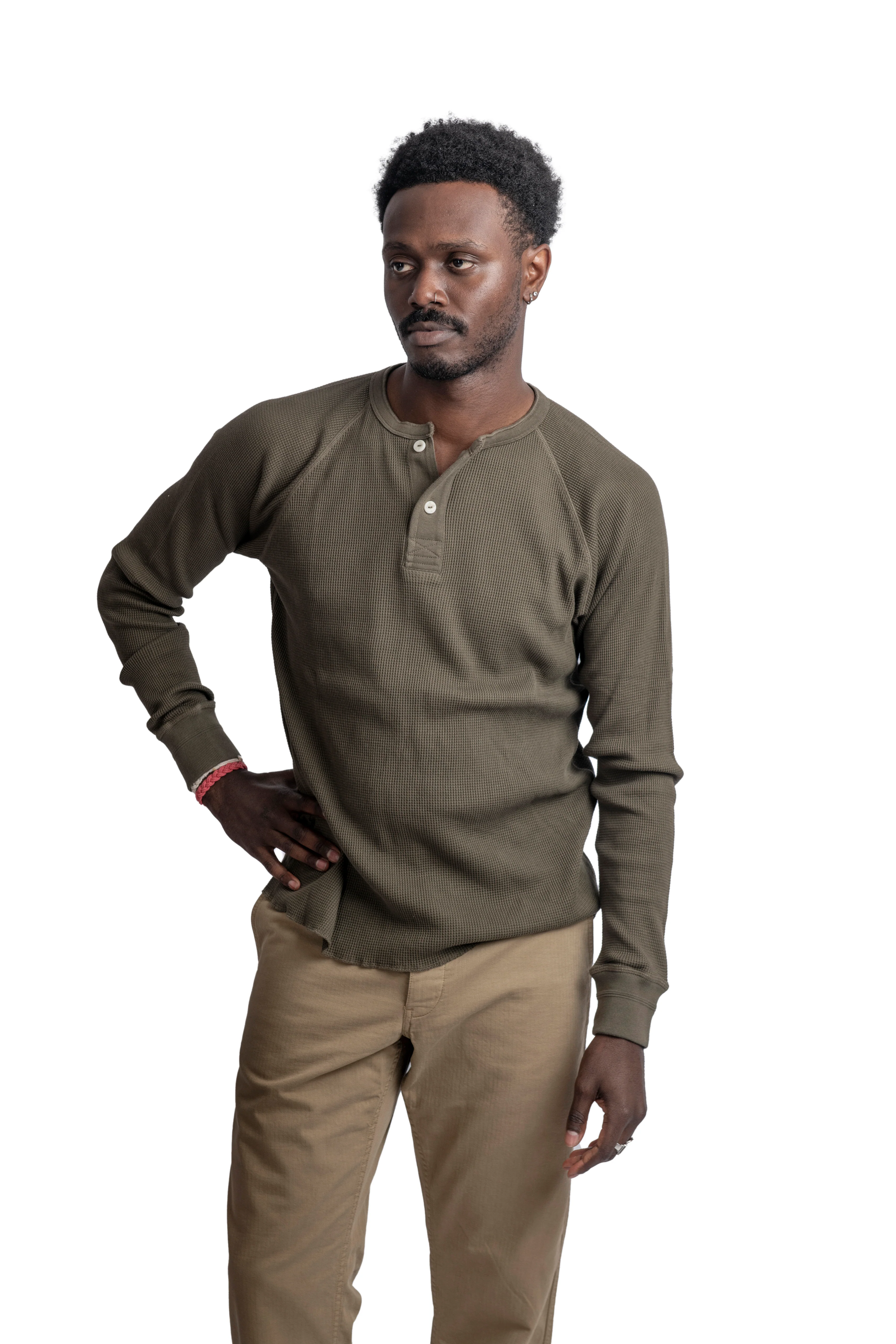 HEIMAT HENLEY WAFFLE TOP - MILITARY GREEN - Image 5